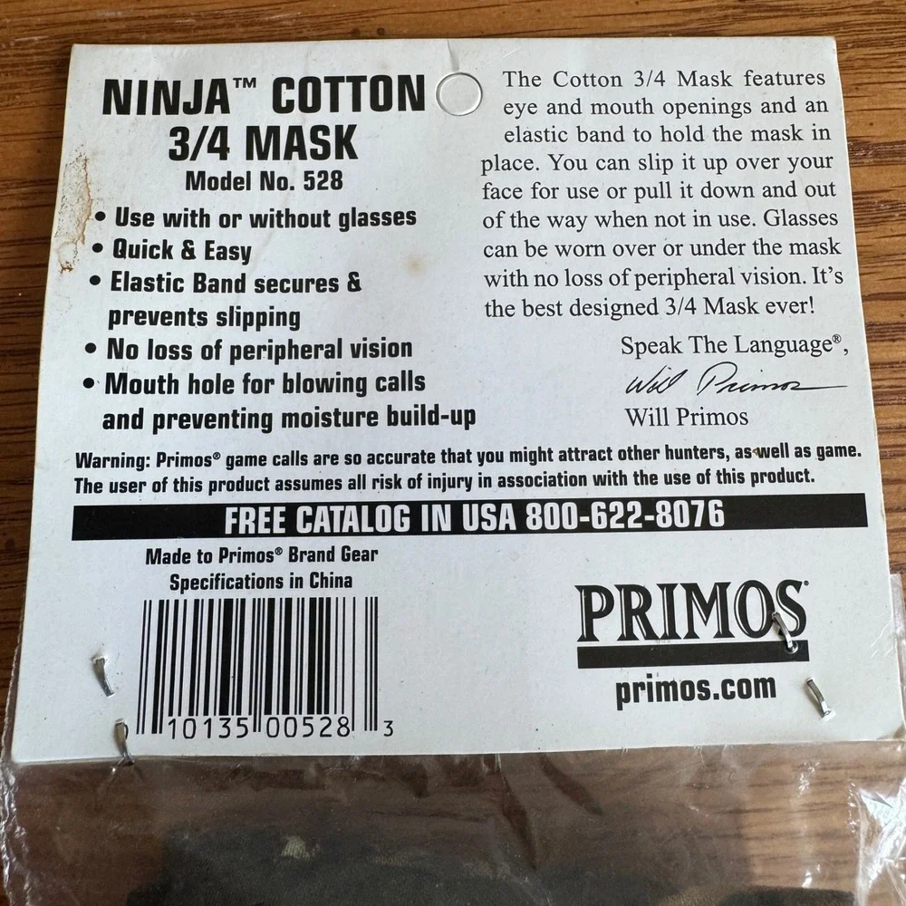 Primos Ninja Cotton 3/4 Mask Mossy Oak Break-Up Camo Hunting Face Mask 528 NEW